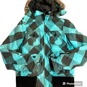 NWOT ROXY Green Plaid Fur Trim Bomber
